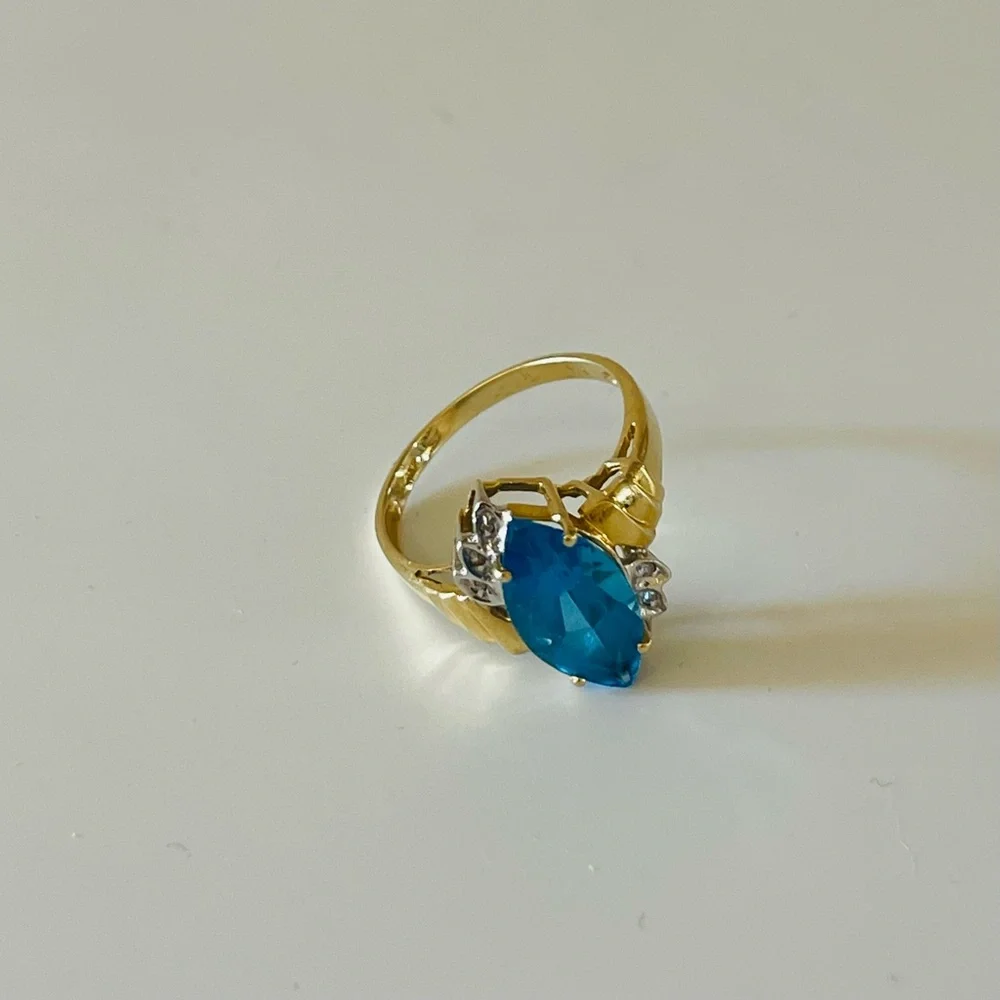 14K Yellow Gold Marquise Blue Topaz Diamond Anniversary Cocktail Statement Sz 7